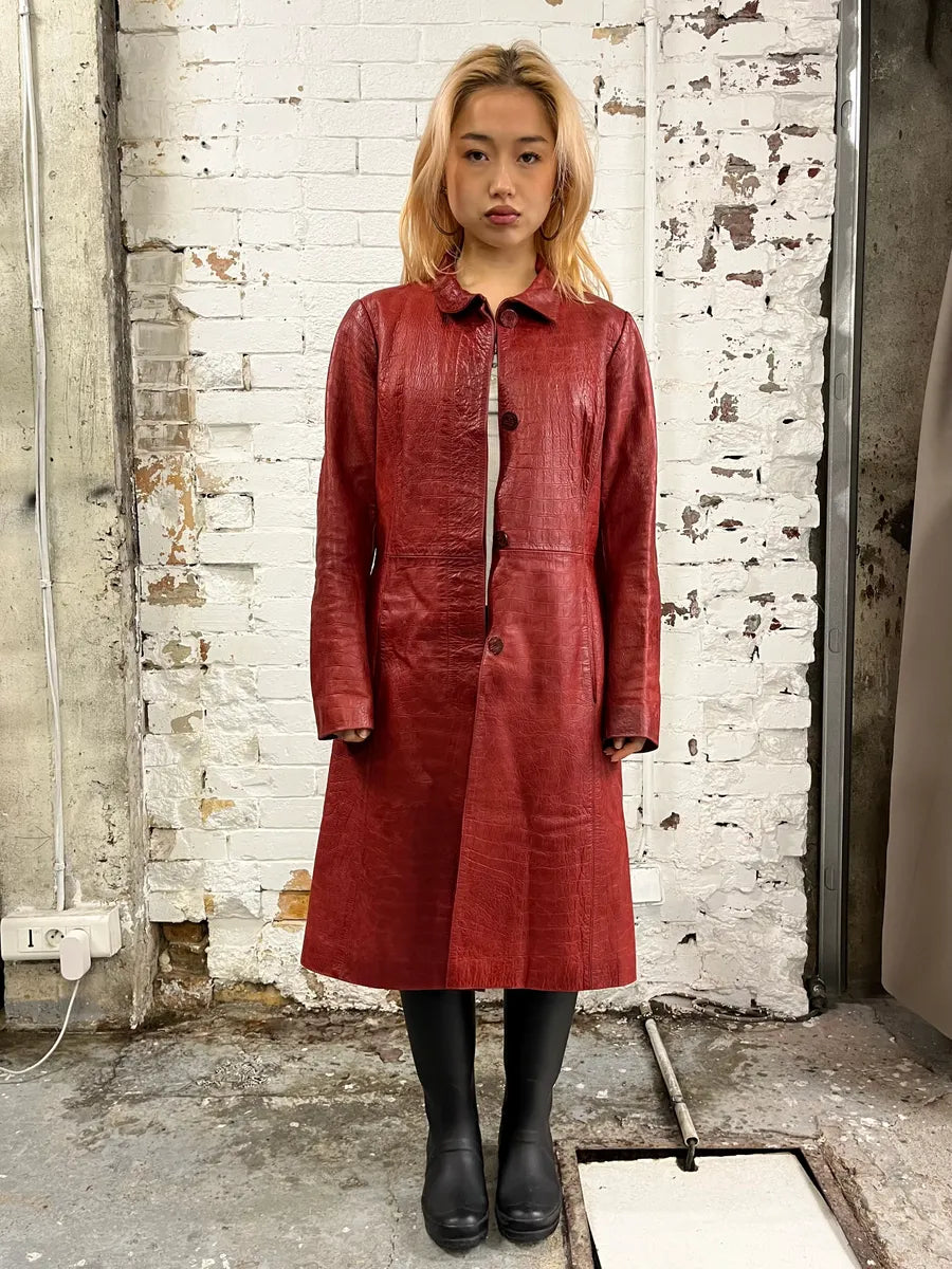 FW2000 Roberto Cavalli Red Crocodile Embossed Leather Trench Coat gMSUGra 1