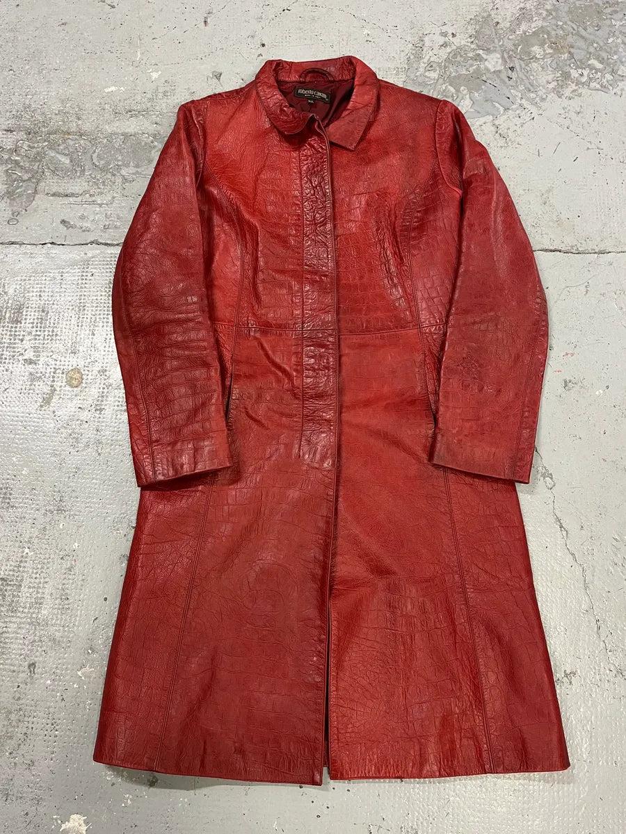 FW2000 Roberto Cavalli Red Crocodile Embossed Leather Trench Coat gMSUGra 3