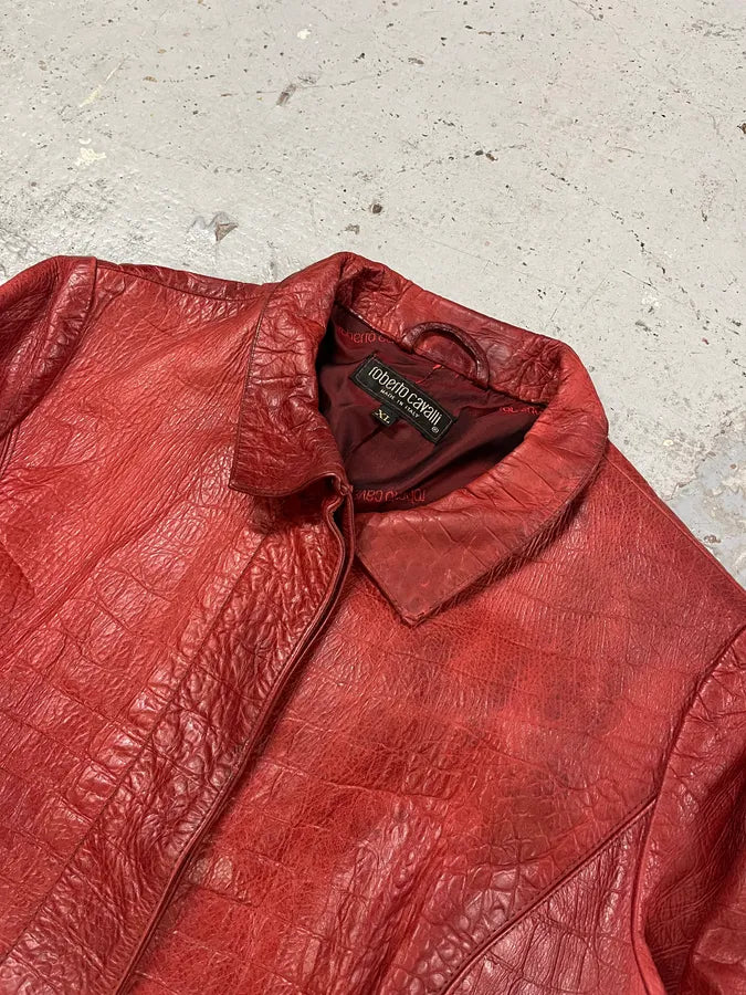 FW2000 Roberto Cavalli Red Crocodile Embossed Leather Trench Coat gMSUGra 4