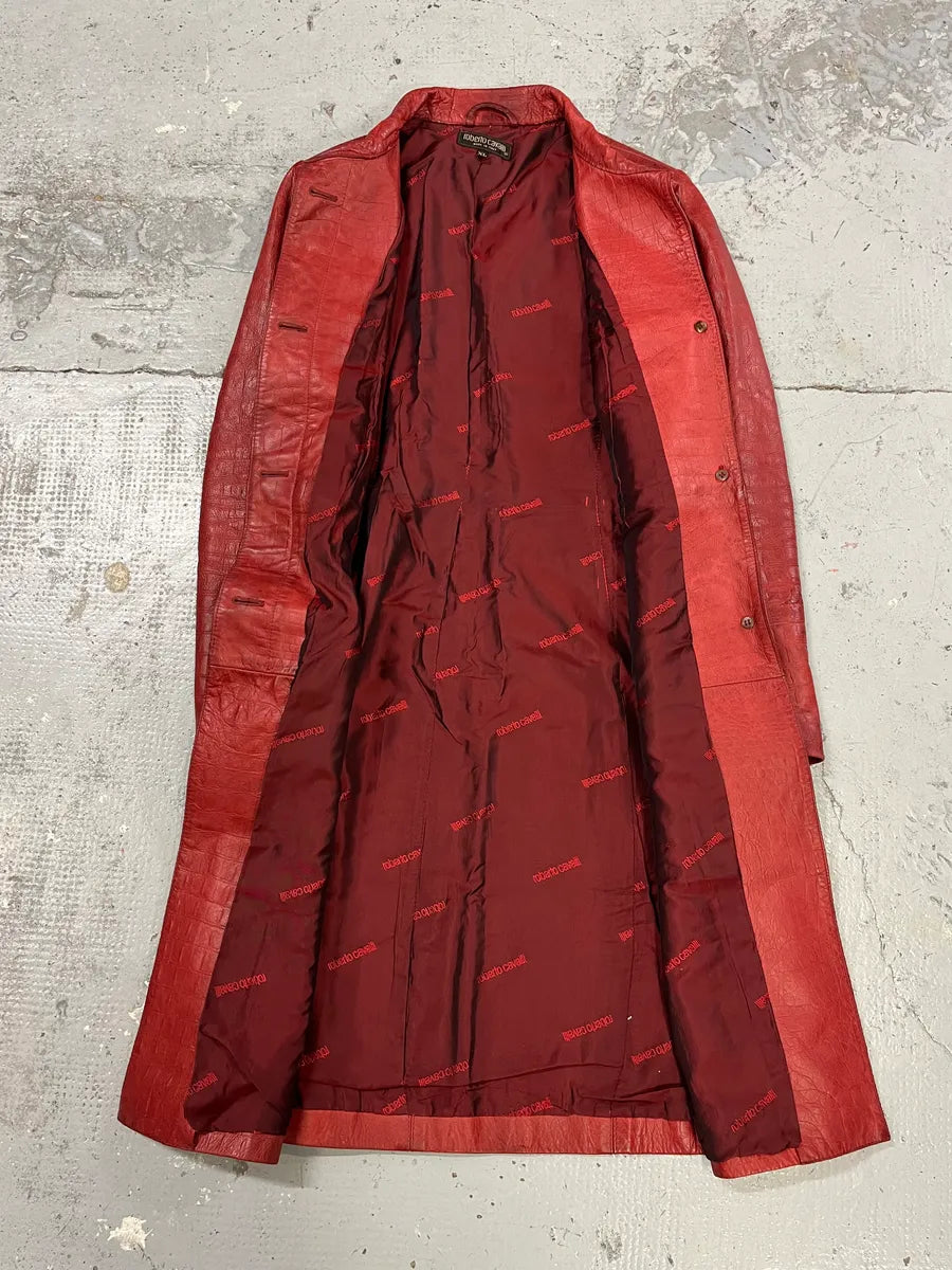 FW2000 Roberto Cavalli Red Crocodile Embossed Leather Trench Coat gMSUGra 7