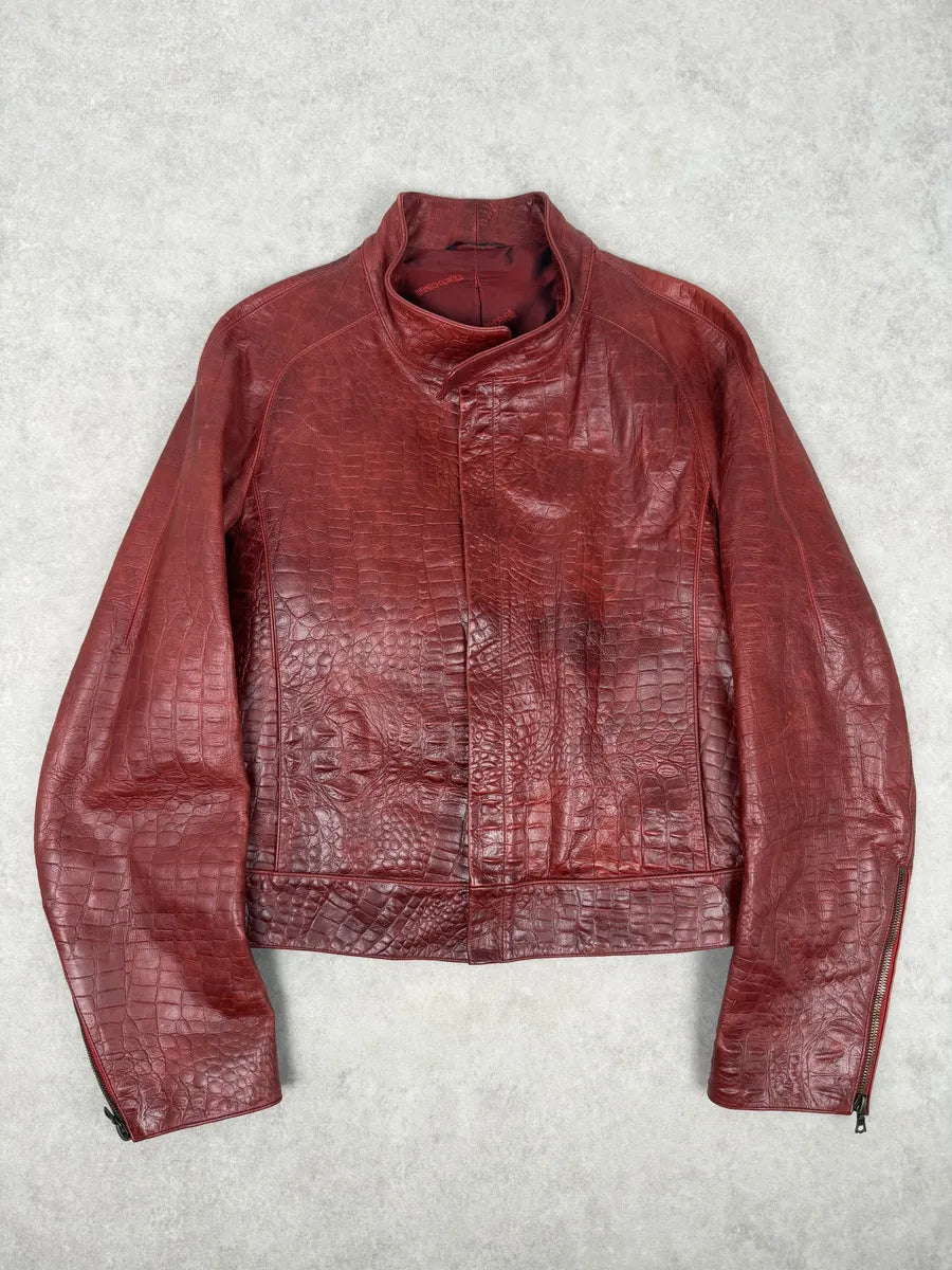 FW2000 Roberto Cavalli Red Leather Crocodile Embossed Leather Jacket usSlUEq 0
