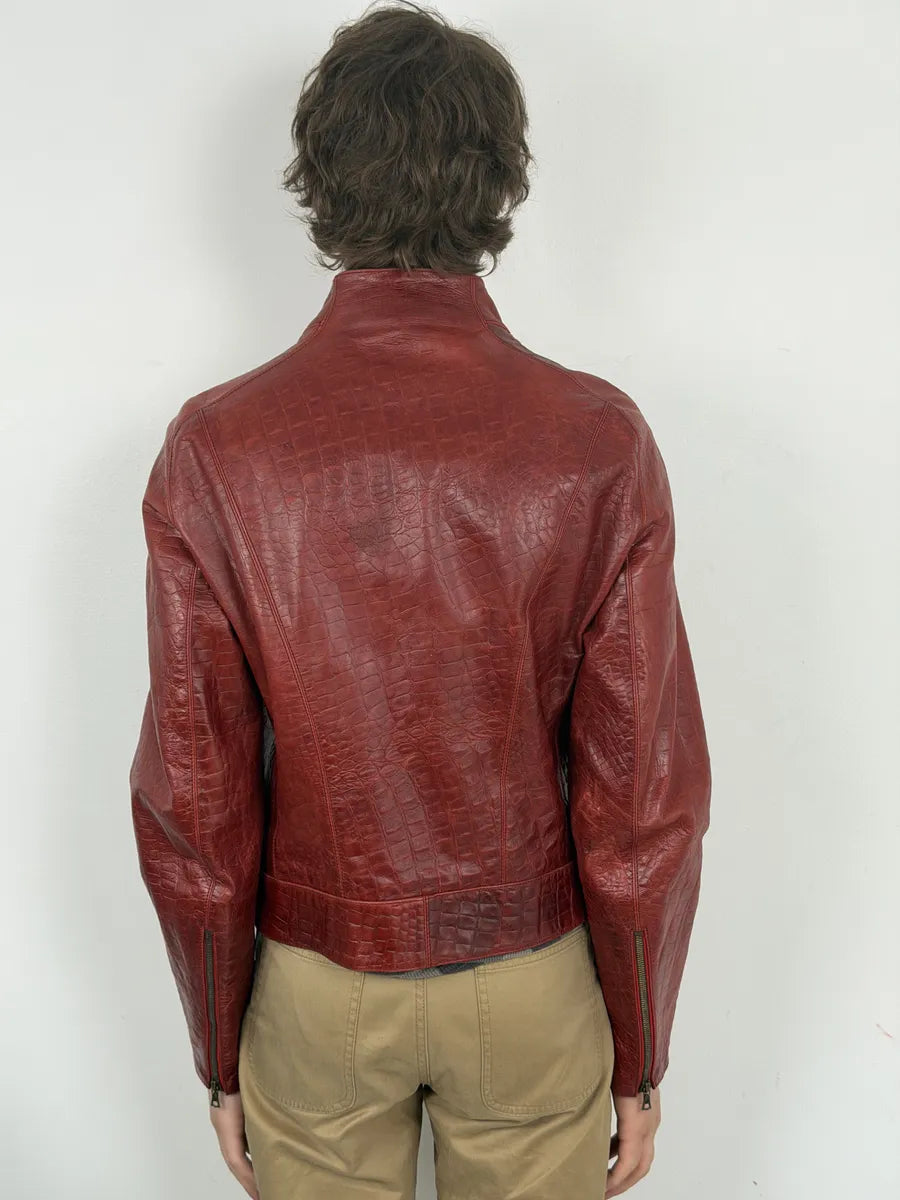 FW2000 Roberto Cavalli Red Leather Crocodile Embossed Leather Jacket usSlUEq 3