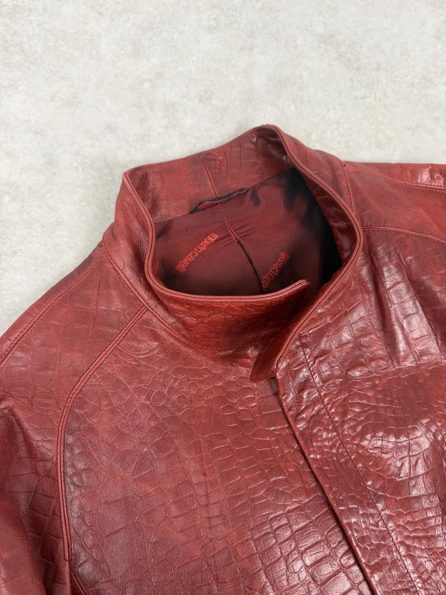 FW2000 Roberto Cavalli Red Leather Crocodile Embossed Leather Jacket usSlUEq 5