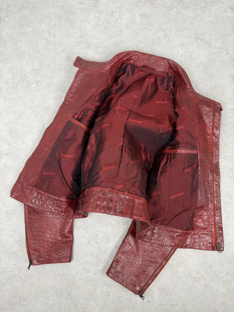 FW2000 Roberto Cavalli Red Leather Crocodile Embossed Leather Jacket usSlUEq 6