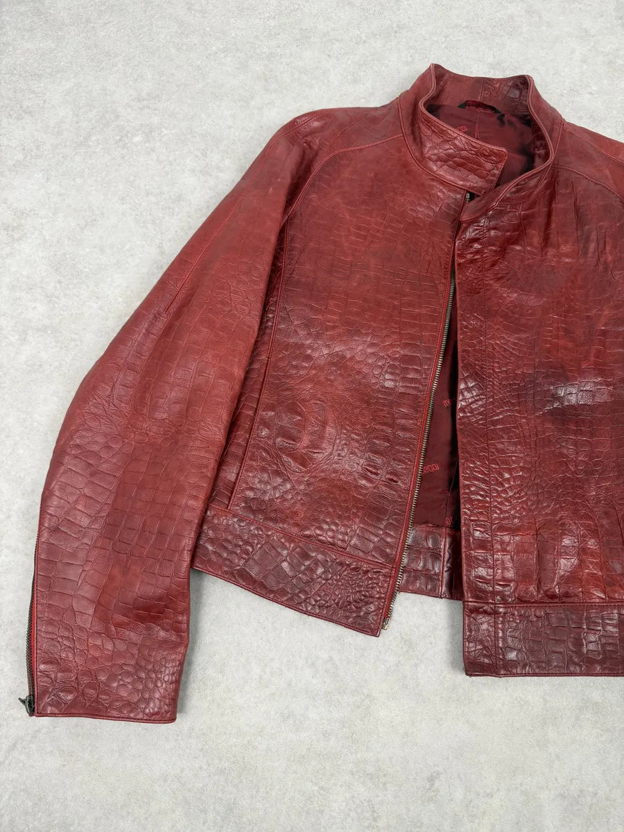 FW2000 Roberto Cavalli Red Leather Crocodile Embossed Leather Jacket usSlUEq 7