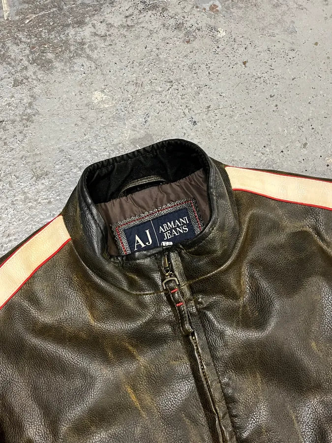2000s Armani AJ Brown Eroded Leather Leather Biker Jacket  lNprNeS 3