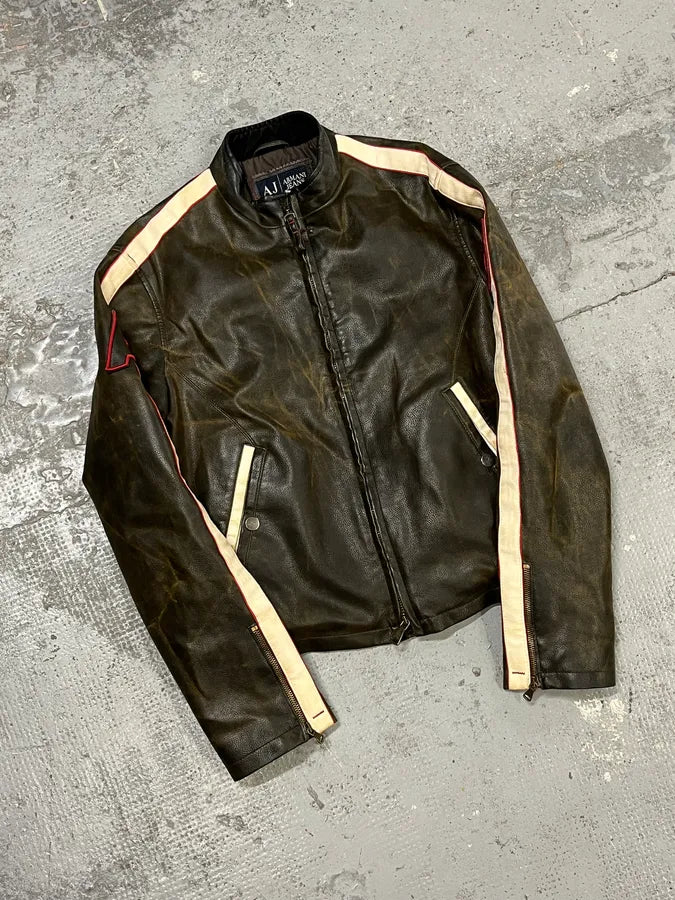 2000s Armani AJ Brown Eroded Leather Leather Biker Jacket  lNprNeS 4