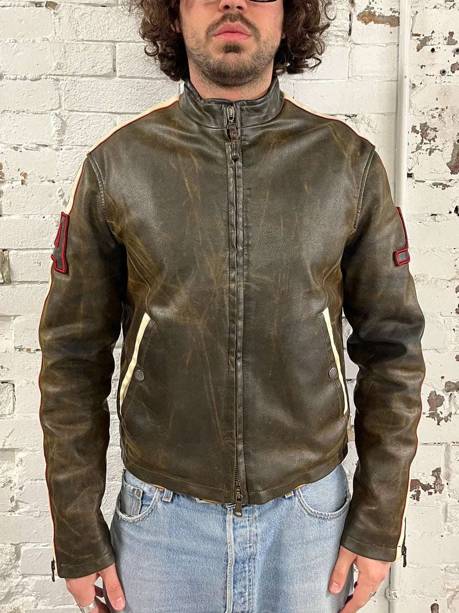 2000s Armani AJ Brown Eroded Leather Leather Biker Jacket  lNprNeS 1