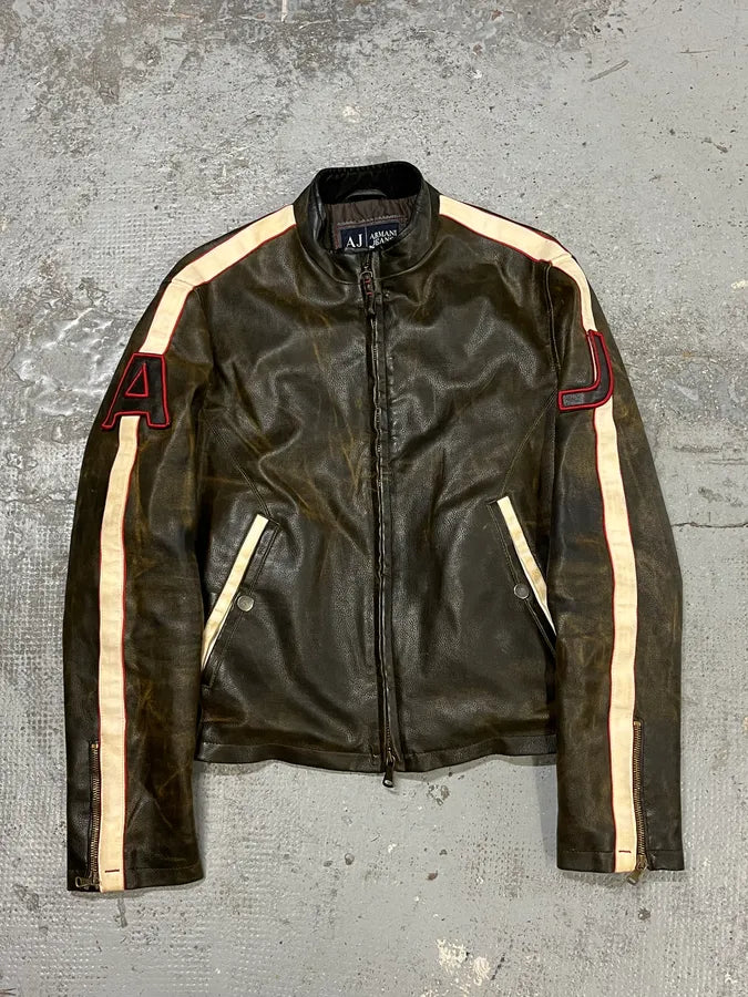 2000s Armani AJ Brown Eroded Leather Leather Biker Jacket  lNprNeS 0
