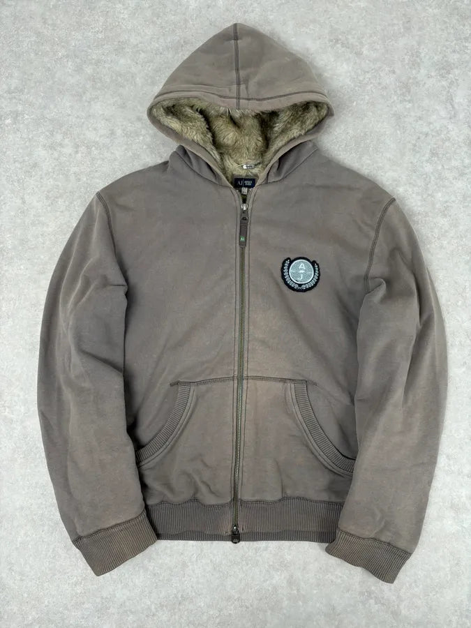 2000s Armani Brown Fur-Lined Zip-up Hoodie RdXSOLW 0