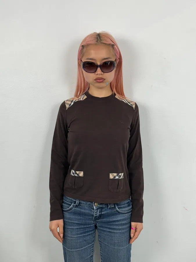 Burberry Brown Cotton Check Shoulder Panel Longsleeve T-Shirt  fscKjGl 1