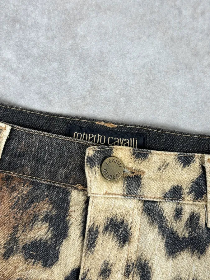 AW2001 Roberto Cavalli Beige Denim Leopard Print Skirt pncFALK 10
