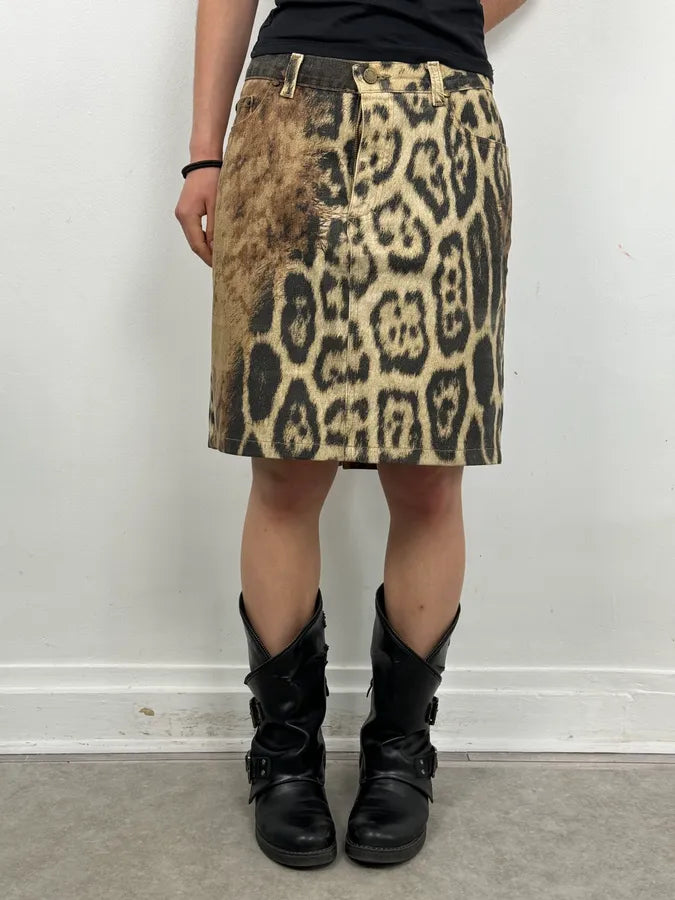 AW2001 Roberto Cavalli Beige Denim Leopard Print Skirt pncFALK 0