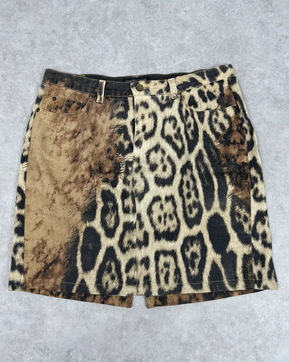 AW2001 Roberto Cavalli Beige Denim Leopard Print Skirt pncFALK 1