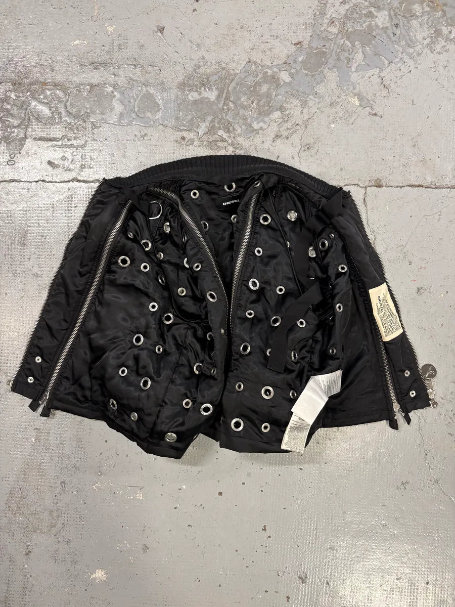 2010s Diesel Black Nylon Eyelet Studded Bomber Jacket mBJbLZi 7