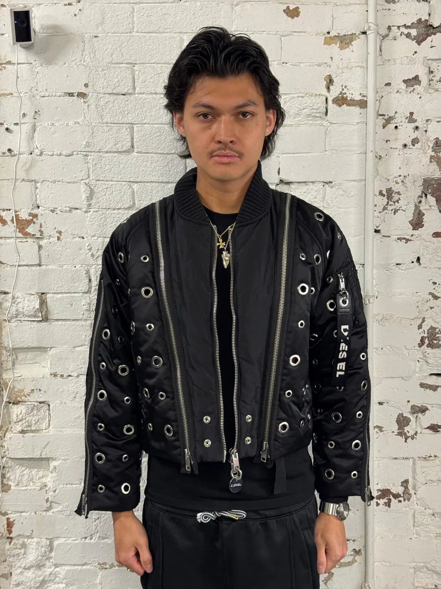 2010s Diesel Black Nylon Eyelet Studded Bomber Jacket mBJbLZi 1