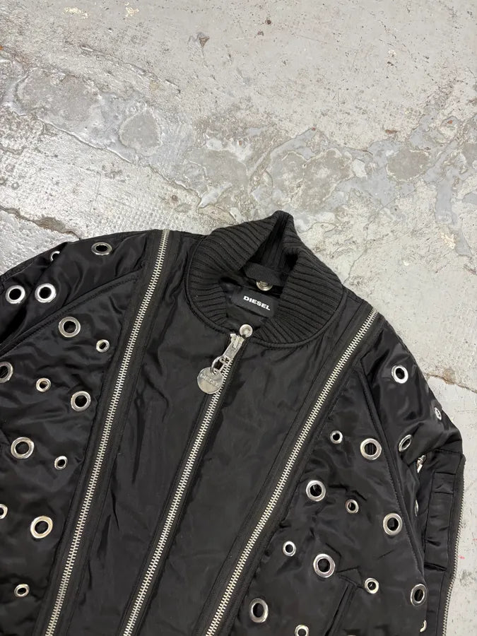 2010s Diesel Black Nylon Eyelet Studded Bomber Jacket mBJbLZi 3