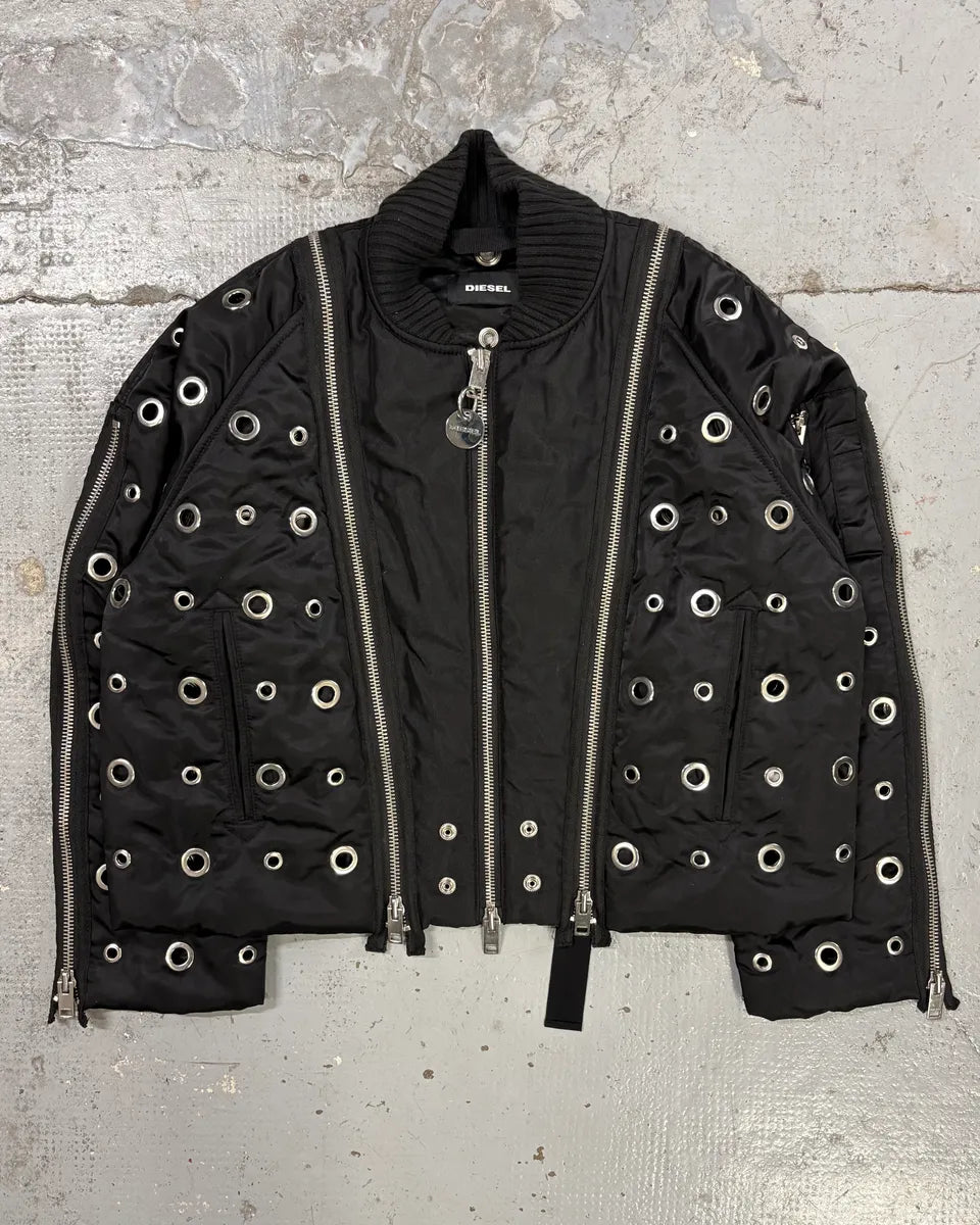 2010s Diesel Black Nylon Eyelet Studded Bomber Jacket mBJbLZi 0