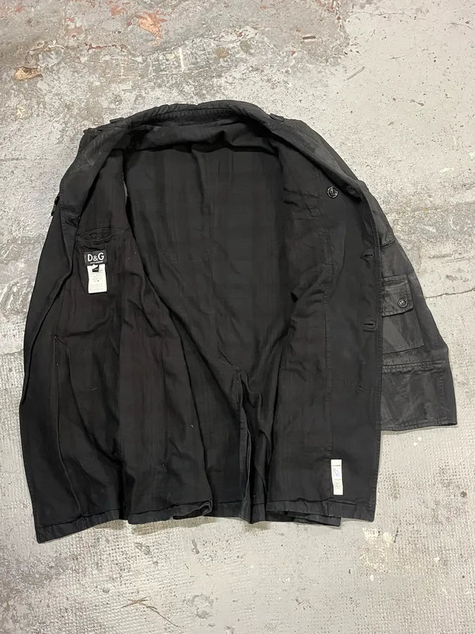 AW2003 Dolce & Gabbana Black Cotton Cargo Long Jacket icWxLUR 8