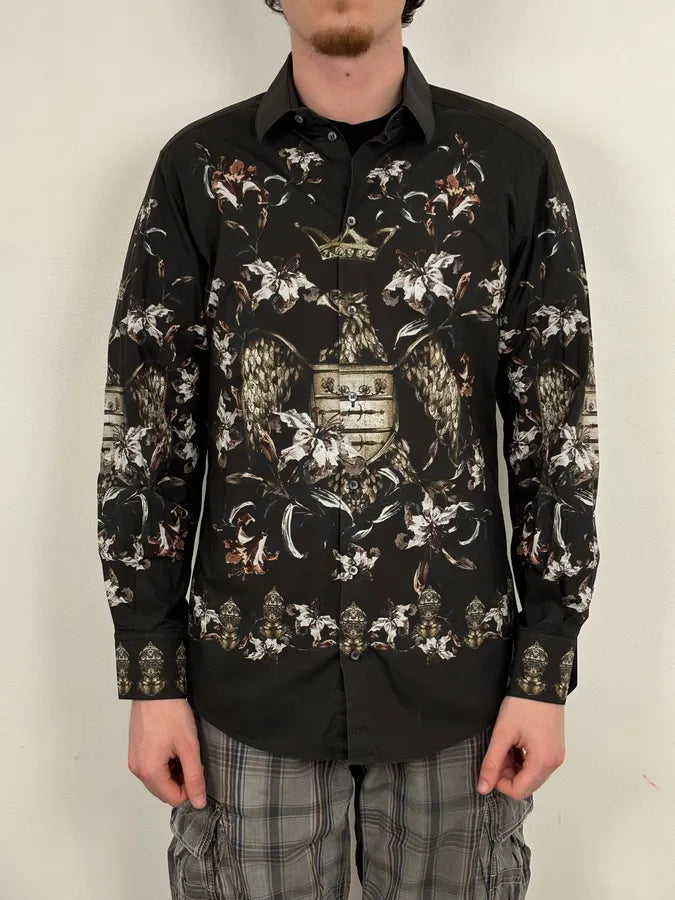 2010s Dolce & Gabbana Knight Floral Eagle Crown Print Black Shirt EUrWXUn 1