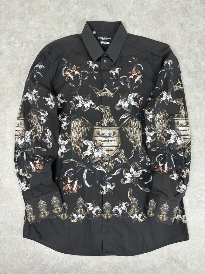2010s Dolce & Gabbana Knight Floral Eagle Crown Print Black Shirt EUrWXUn 0