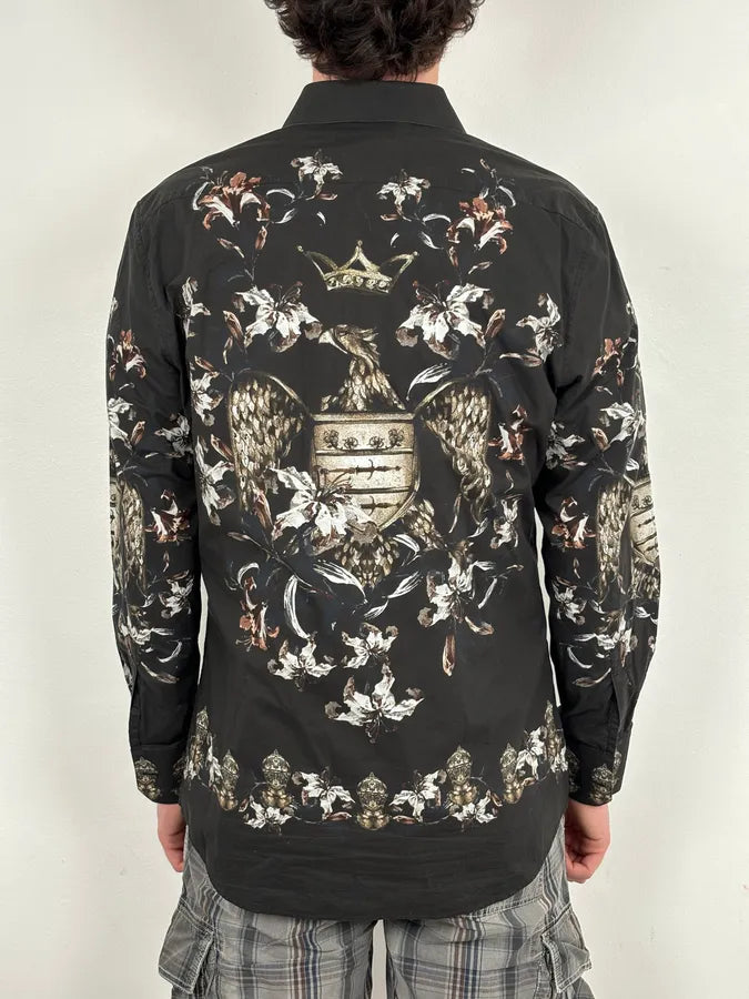2010s Dolce & Gabbana Knight Floral Eagle Crown Print Black Shirt EUrWXUn 2