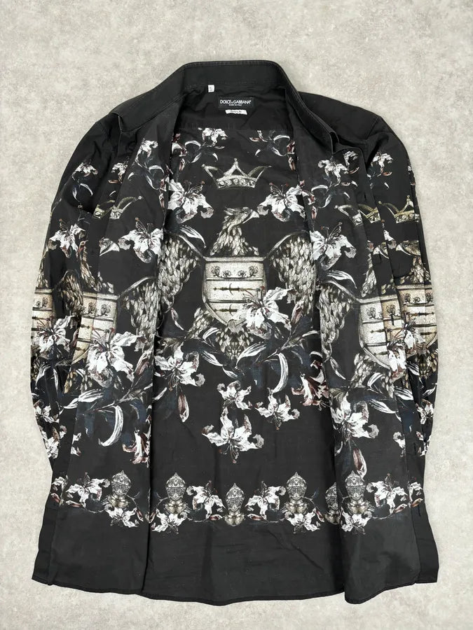 2010s Dolce & Gabbana Knight Floral Eagle Crown Print Black Shirt EUrWXUn 6