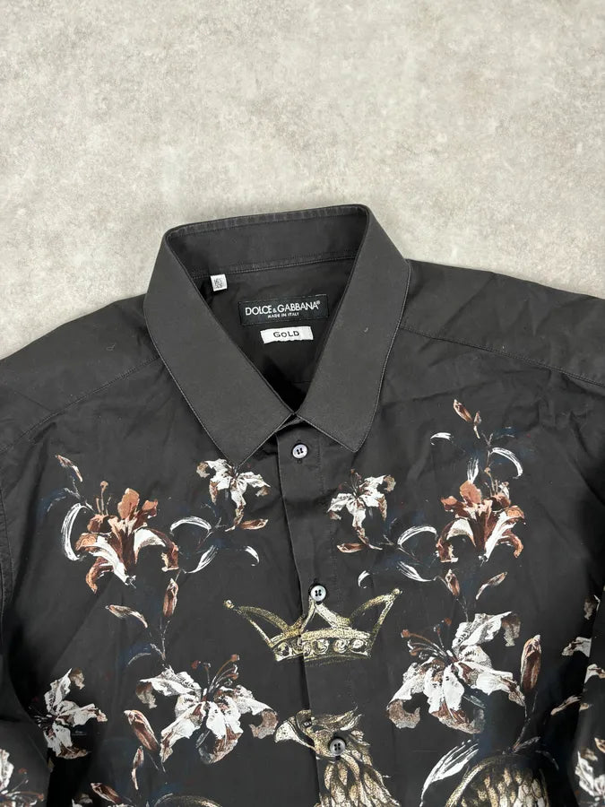 2010s Dolce & Gabbana Knight Floral Eagle Crown Print Black Shirt EUrWXUn 3
