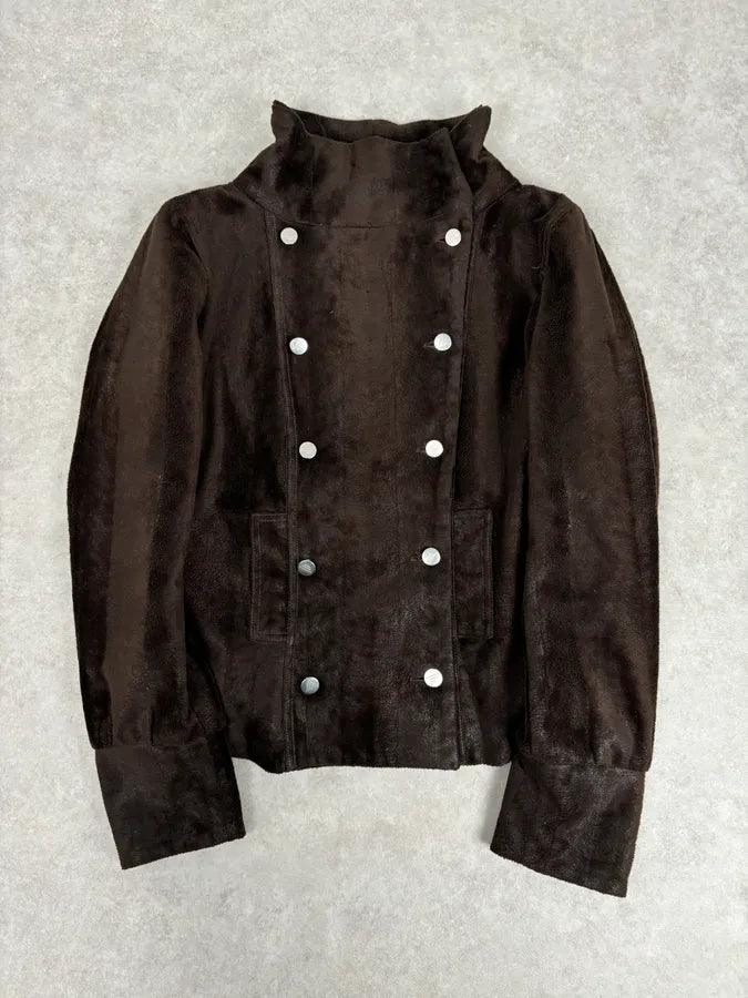 2000s Emporio Armani Brown Faux Fur Double-Breasted Jacket waAcwbD 0