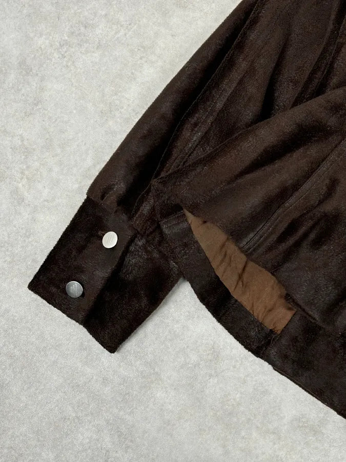2000s Emporio Armani Brown Faux Fur Double-Breasted Jacket waAcwbD 8