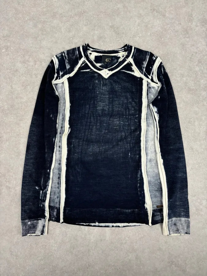 AW2007 Cavalli Navy & White Overprint Two Tone V Neck Sweater pliCABq 2