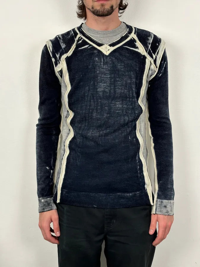 AW2007 Cavalli Navy & White Overprint Two Tone V Neck Sweater pliCABq 0