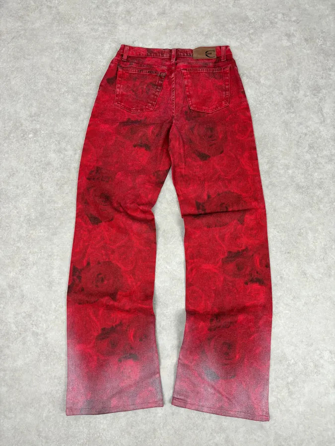 2000s Cavalli Red Flowers Blossom Acid-Washed Pants naHqqup 5