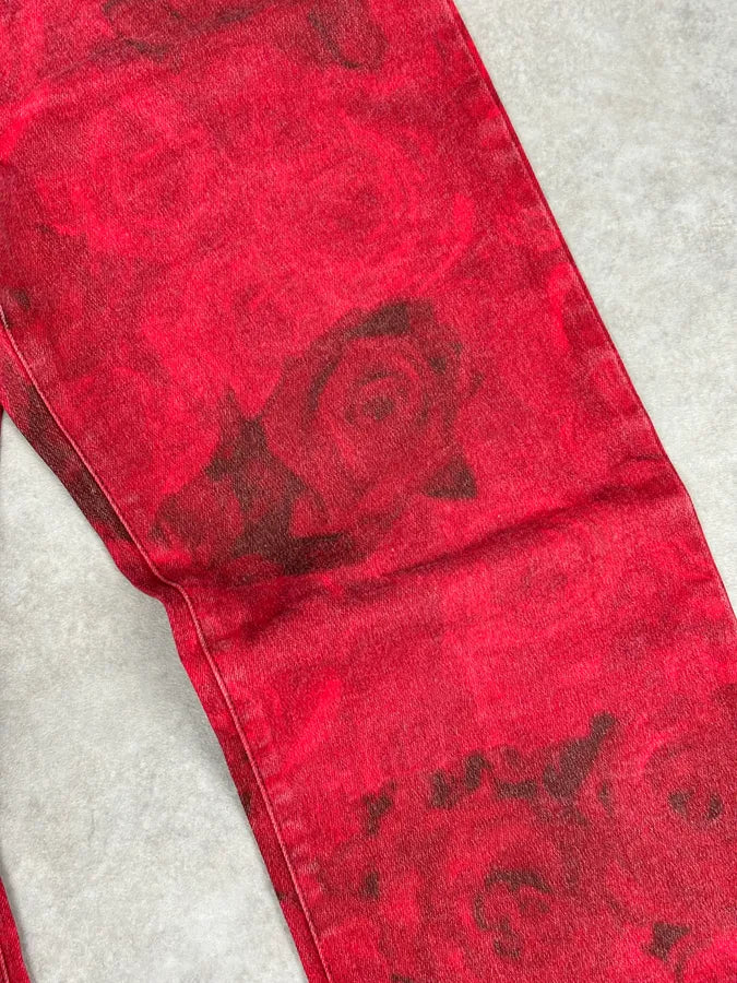 2000s Cavalli Red Flowers Blossom Acid-Washed Pants naHqqup 9