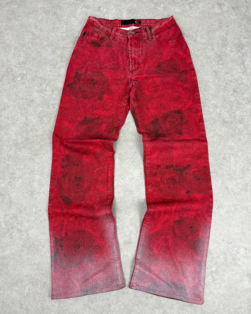2000s Cavalli Red Flowers Blossom Acid-Washed Pants naHqqup 0
