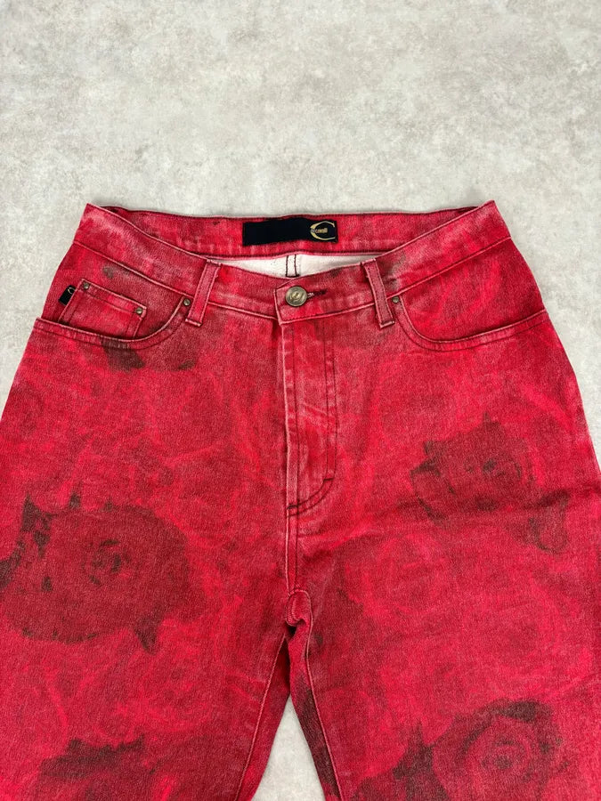 2000s Cavalli Red Flowers Blossom Acid-Washed Pants naHqqup 4