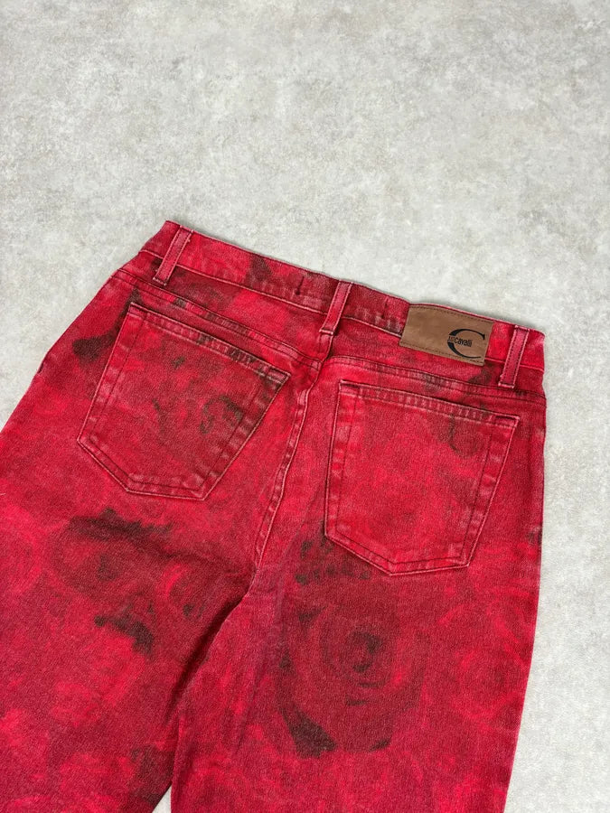 2000s Cavalli Red Flowers Blossom Acid-Washed Pants naHqqup 6