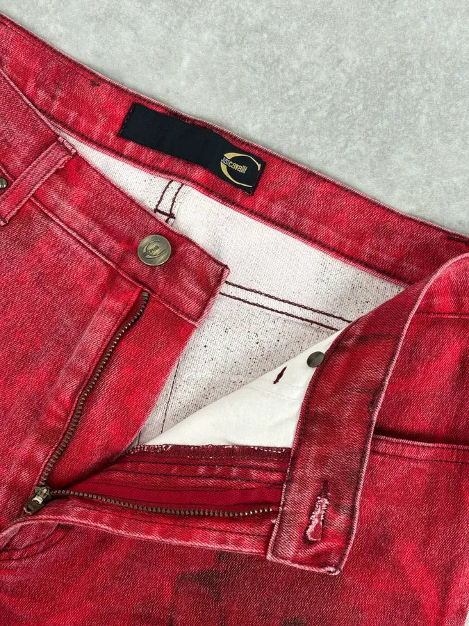 2000s Cavalli Red Flowers Blossom Acid-Washed Pants naHqqup 8