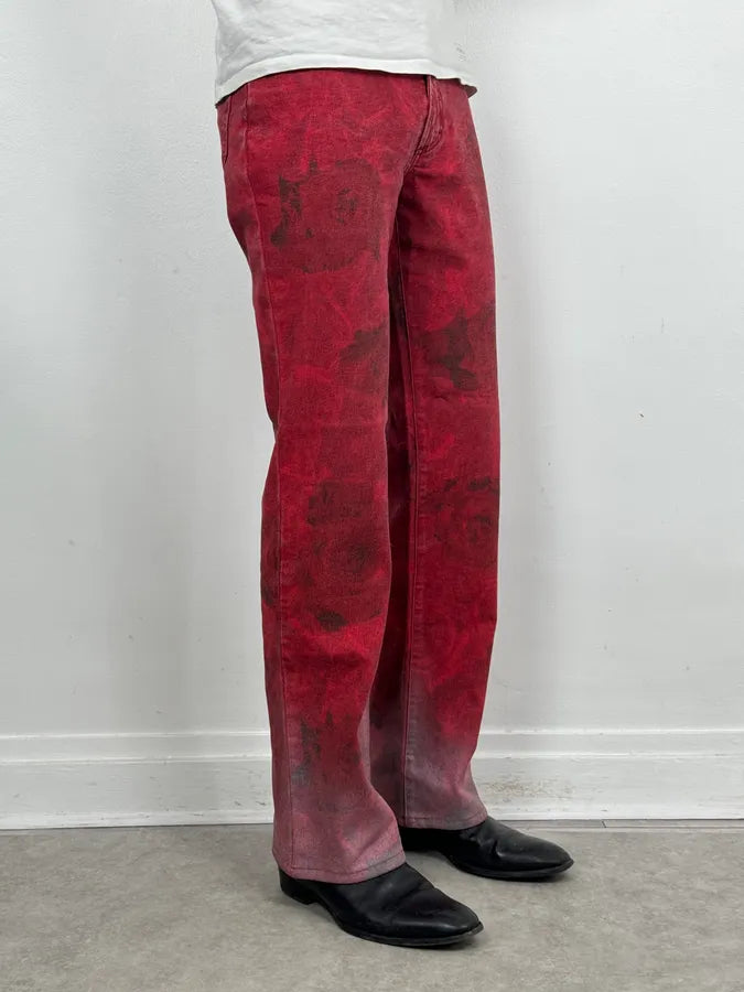 2000s Cavalli Red Flowers Blossom Acid-Washed Pants naHqqup 2