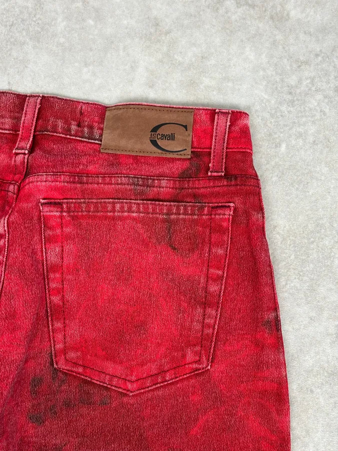 2000s Cavalli Red Flowers Blossom Acid-Washed Pants naHqqup 7