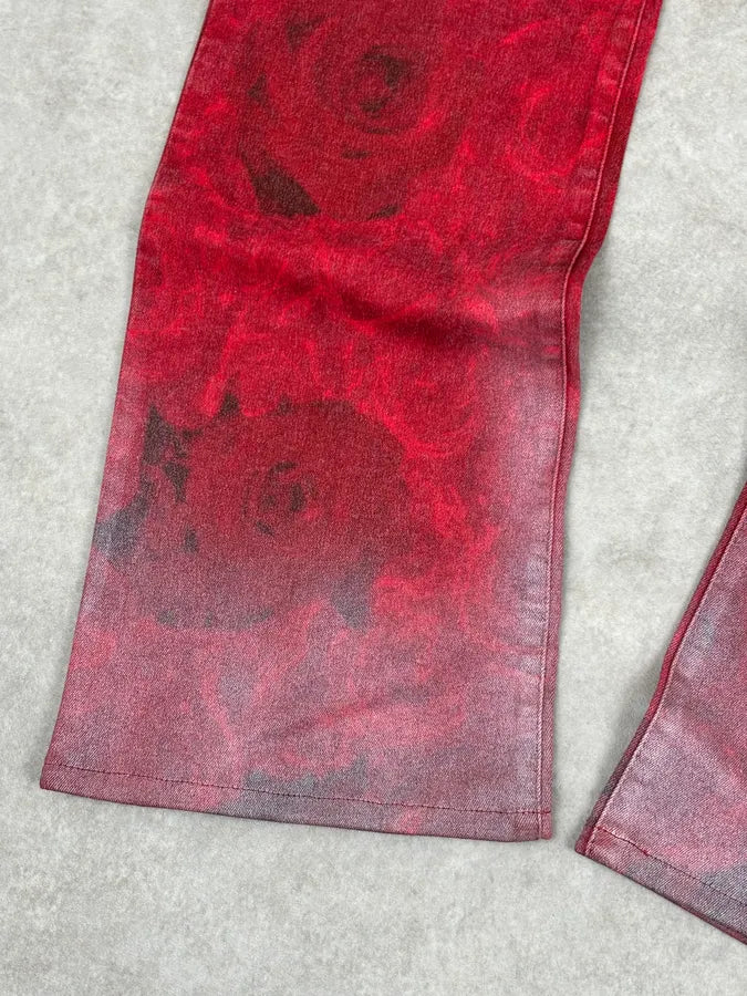 2000s Cavalli Red Flowers Blossom Acid-Washed Pants naHqqup 10