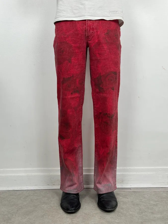 2000s Cavalli Red Flowers Blossom Acid-Washed Pants naHqqup 1