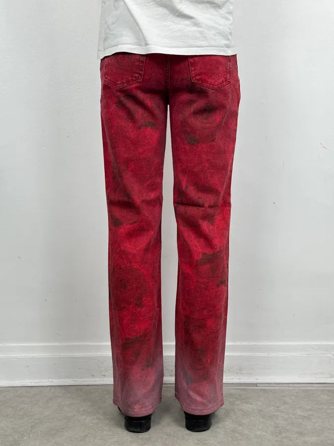 2000s Cavalli Red Flowers Blossom Acid-Washed Pants naHqqup 3