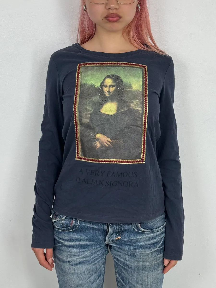 2000s Moschino Navy Mona Lisa Studded Graphic Longsleeve T-Shirt PUwrptv 1