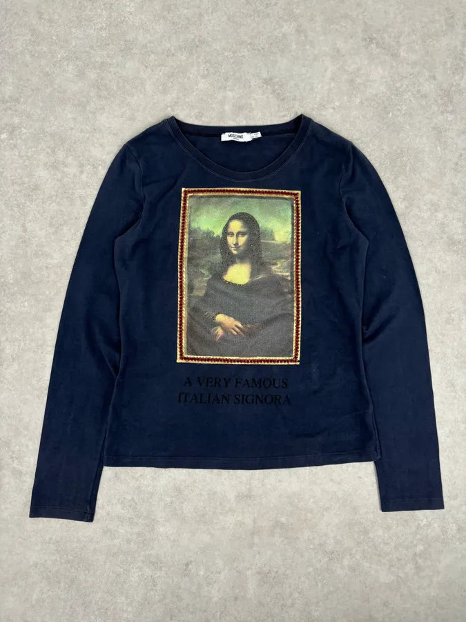 2000s Moschino Navy Mona Lisa Studded Graphic Longsleeve T-Shirt PUwrptv 0