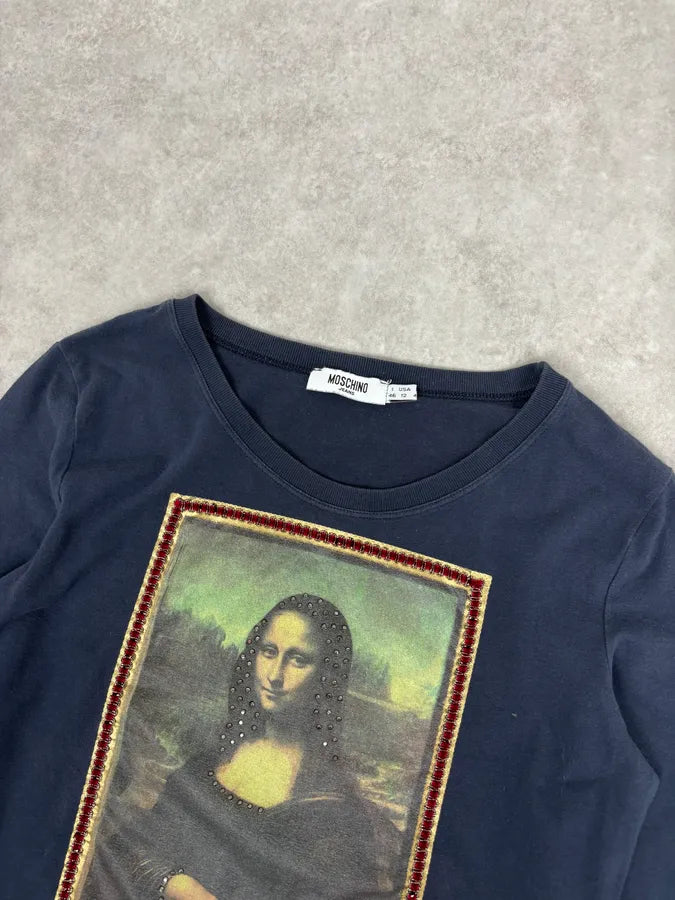 2000s Moschino Navy Mona Lisa Studded Graphic Longsleeve T-Shirt PUwrptv 3