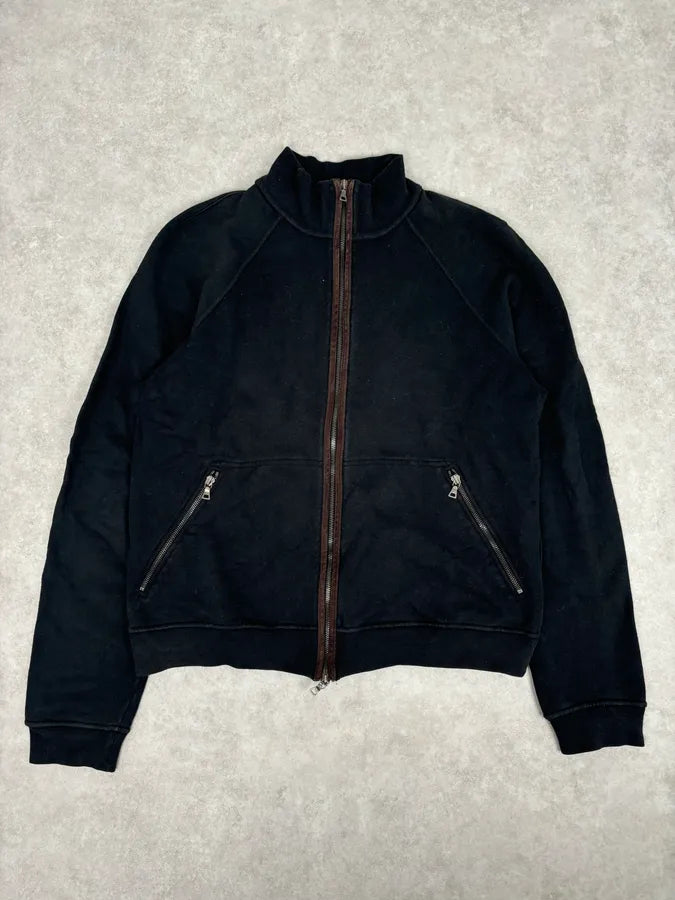 2000s Prada Black Elbow Patch Wool Zip-Up Sweater SzHDMOd 0