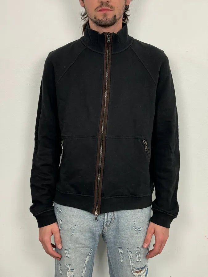 2000s Prada Black Elbow Patch Wool Zip-Up Sweater SzHDMOd 1