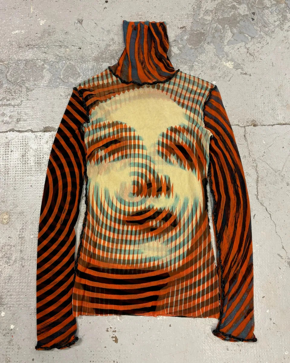 FW2001 Jean Paul Gaultier Red Mesh Top Greta Garbo Turtleneck vBHCAKX 0