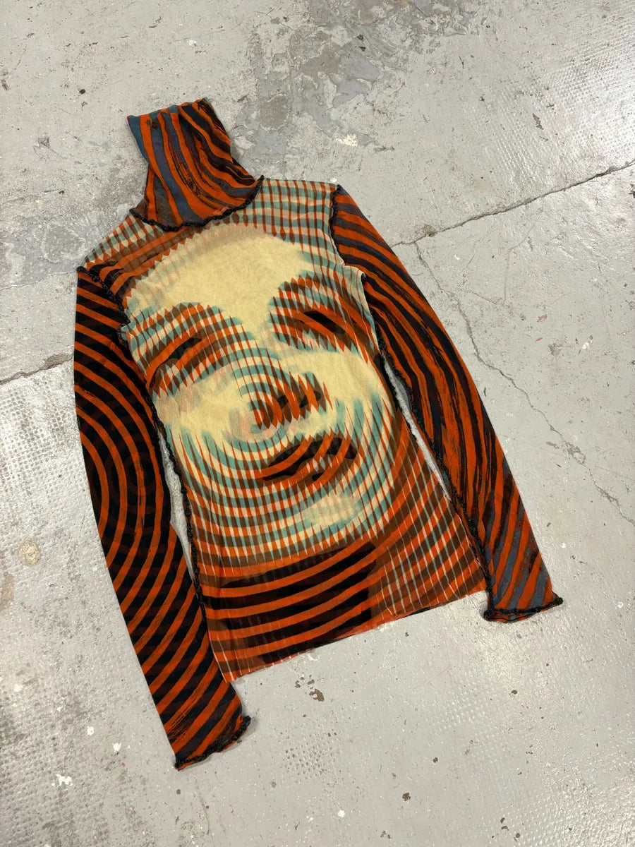 FW2001 Jean Paul Gaultier Red Mesh Top Greta Garbo Turtleneck vBHCAKX 2
